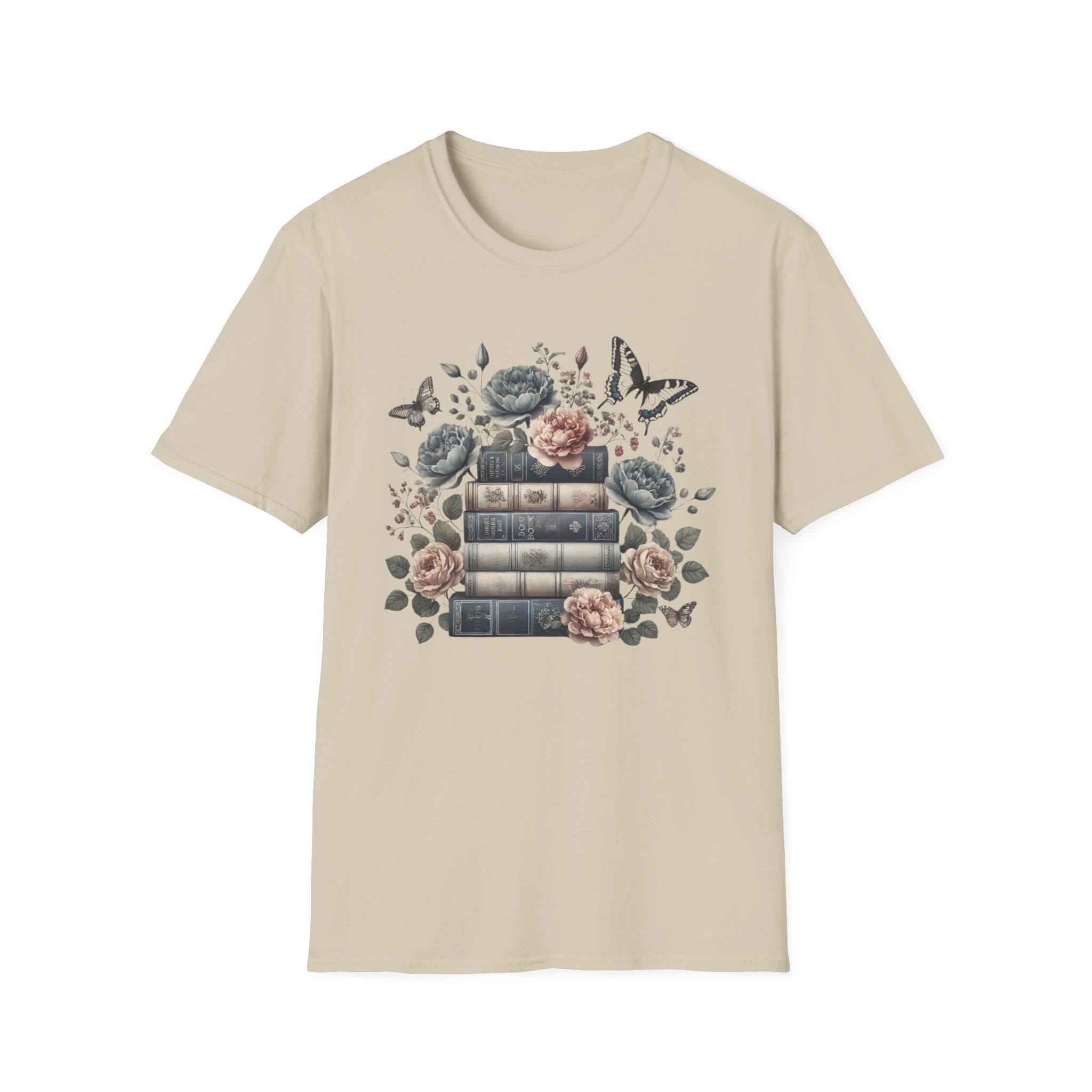 Vintage Books and Floral Butterfly Graphic T-Shirt
