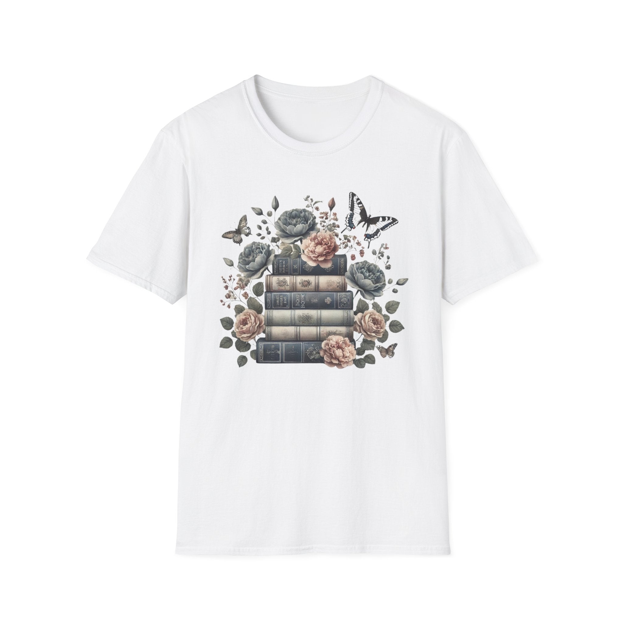 Vintage Books and Floral Butterfly Graphic T-Shirt