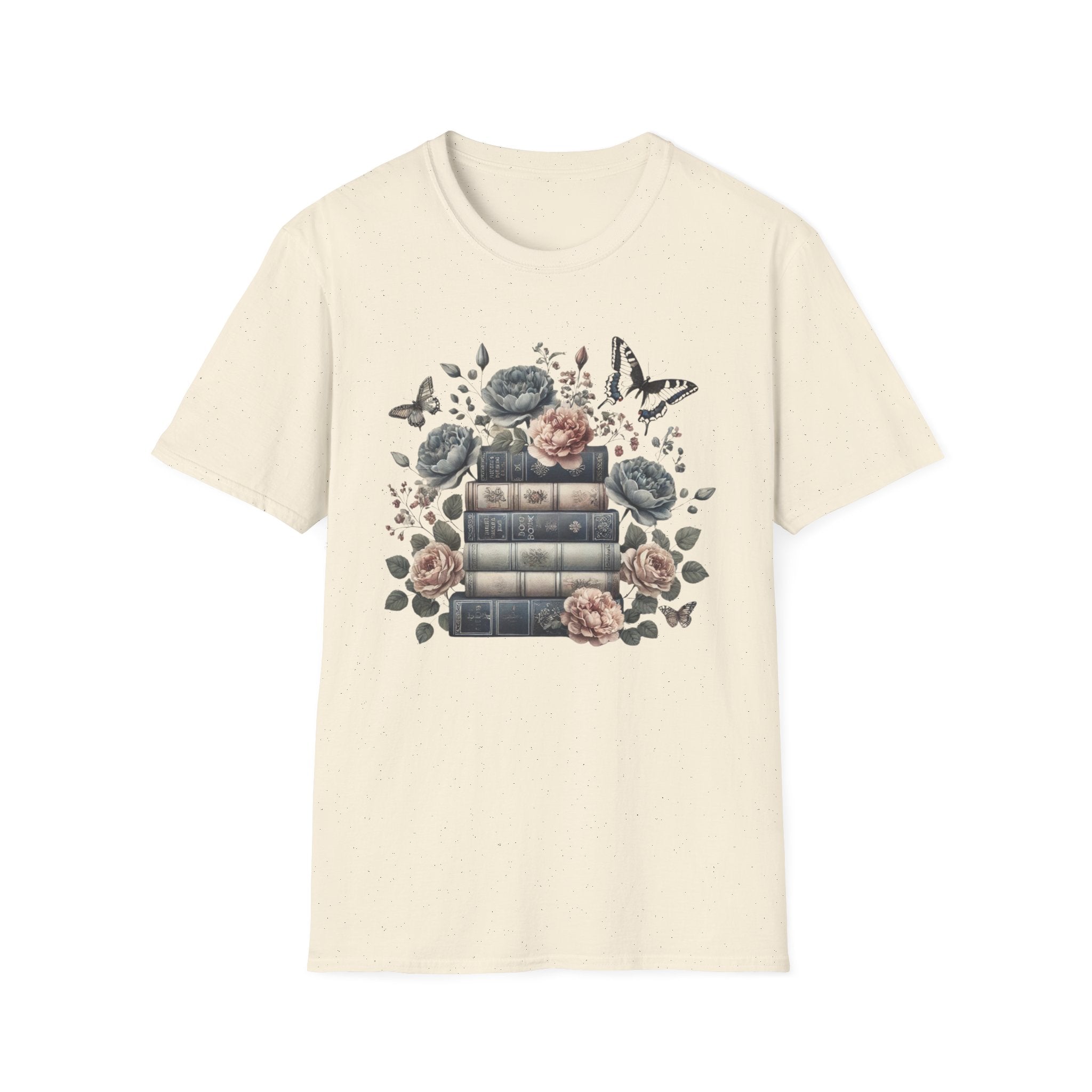 Vintage Books and Floral Butterfly Graphic T-Shirt